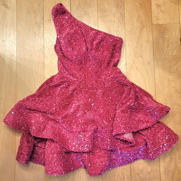 Unknown Brand Dresses & Skirts - NWOT Pink Sequin One-Shoulder Dress Ruffle Size 0